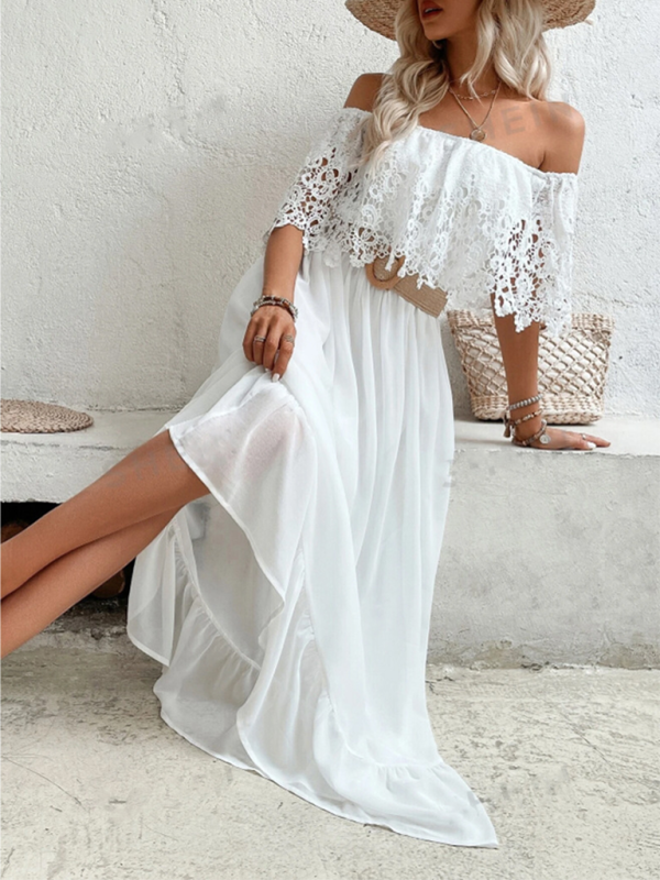 Lace maxi dress with open back and frayed hem hotsell