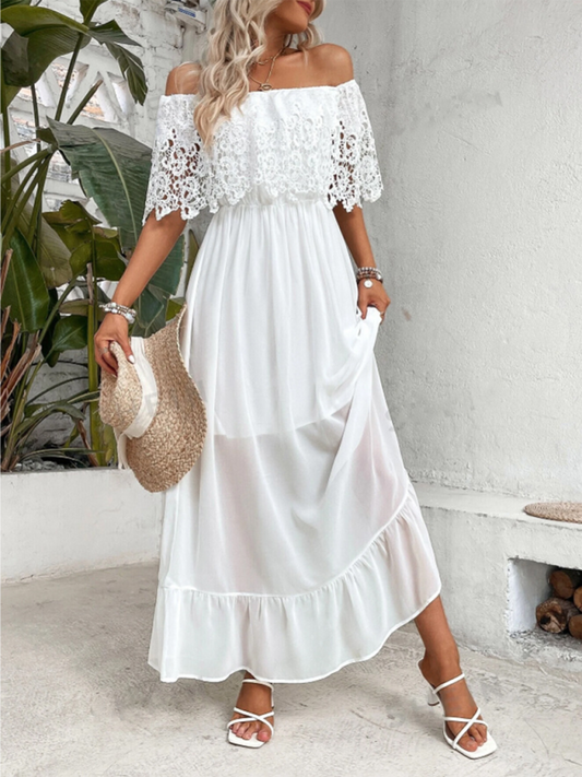 Blue Zone Planet | Aria's Off-the-shoulder Guipure Lace Paneled Ruffle Hem Maxi Dress-TOPS / DRESSES-[Adult]-[Female]-White-S-2022 Online Blue Zone Planet