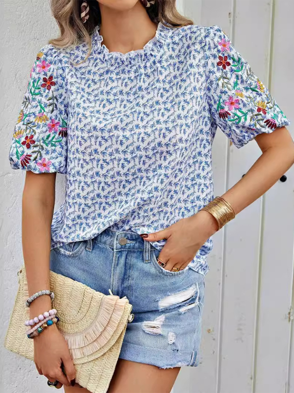 Blue Zone Planet | New Embroidered Printed Buckled Wave High Neck Short Colorblock Top-[Adult]-[Female]-Blue-S-2022 Online Blue Zone Planet