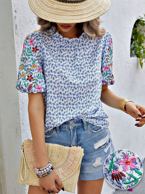 Blue Zone Planet | New Embroidered Printed Buckled Wave High Neck Short Colorblock Top-[Adult]-[Female]-2022 Online Blue Zone Planet