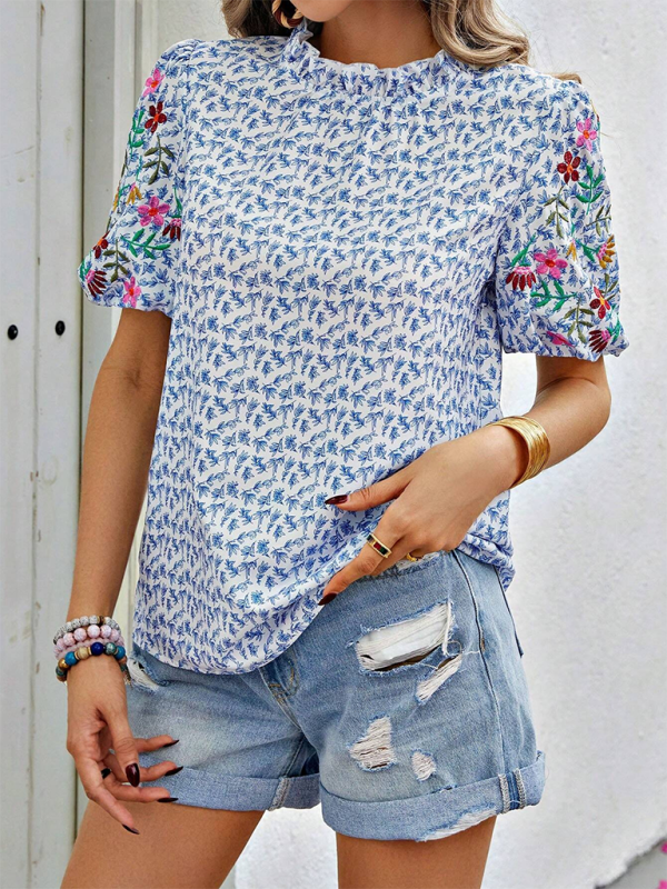 Blue Zone Planet | New Embroidered Printed Buckled Wave High Neck Short Colorblock Top-[Adult]-[Female]-2022 Online Blue Zone Planet