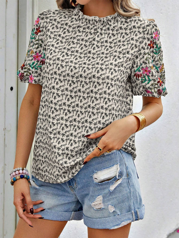 Blue Zone Planet | New Embroidered Printed Buckled Wave High Neck Short Colorblock Top-[Adult]-[Female]-2022 Online Blue Zone Planet