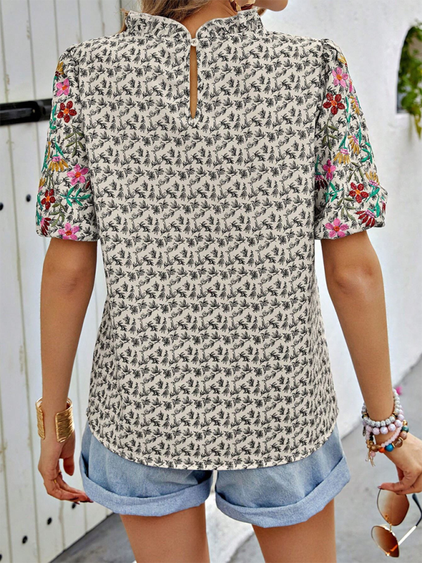Blue Zone Planet | New Embroidered Printed Buckled Wave High Neck Short Colorblock Top-[Adult]-[Female]-2022 Online Blue Zone Planet