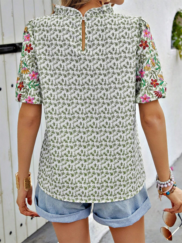 Blue Zone Planet | New Embroidered Printed Buckled Wave High Neck Short Colorblock Top-[Adult]-[Female]-2022 Online Blue Zone Planet