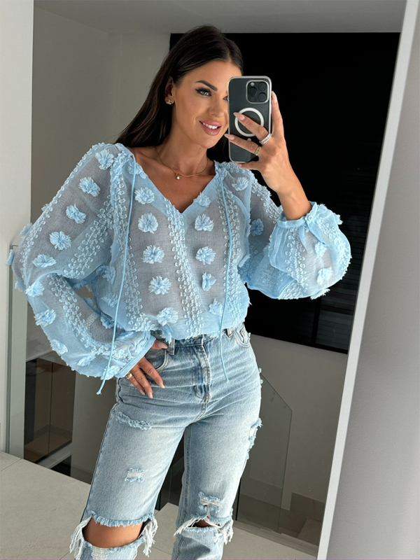 Blue Zone Planet | New Women's V-neck Jacquard Long Sleeve See-through Shirt Top-[Adult]-[Female]-2022 Online Blue Zone Planet