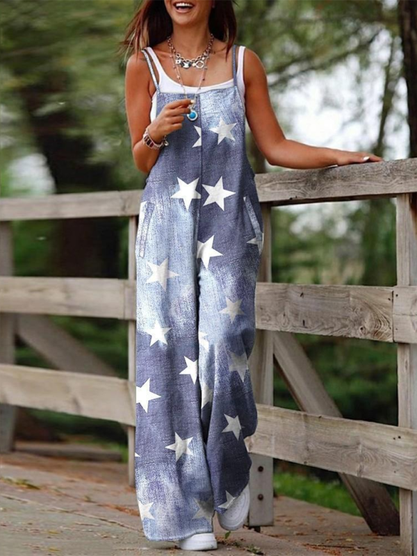 Blue Zone Planet | New Independence Day Star Print Suspender Jumpsuit-[Adult]-[Female]-Blue-S-2022 Online Blue Zone Planet