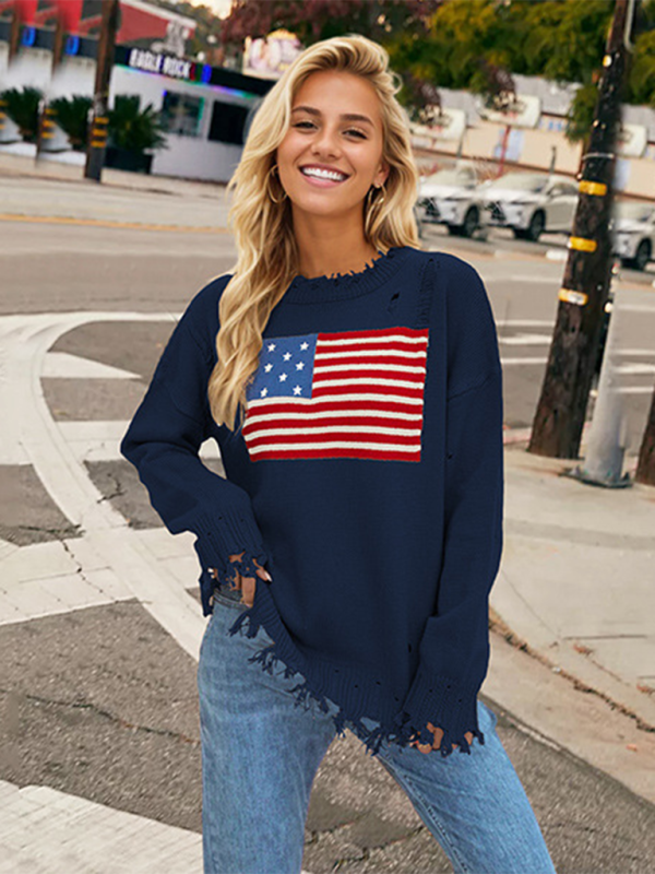 Blue Zone Planet | New Round Neck Flag Independence Day Sweater-[Adult]-[Female]-Black-S-2022 Online Blue Zone Planet