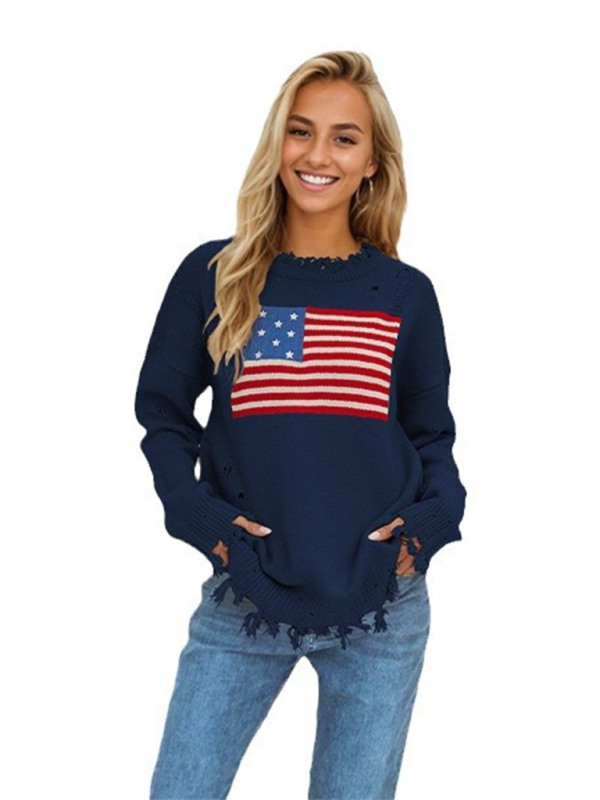 Blue Zone Planet | New Round Neck Flag Independence Day Sweater-[Adult]-[Female]-2022 Online Blue Zone Planet