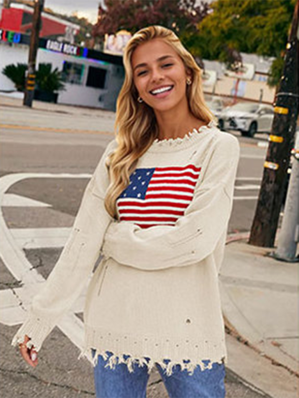 Blue Zone Planet | New Round Neck Flag Independence Day Sweater-[Adult]-[Female]-2022 Online Blue Zone Planet