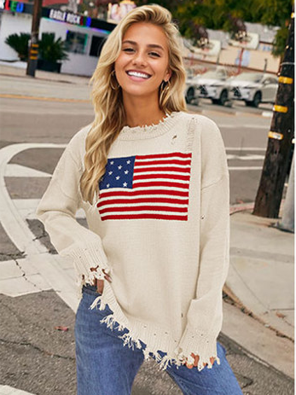 Blue Zone Planet | New Round Neck Flag Independence Day Sweater-[Adult]-[Female]-White-S-2022 Online Blue Zone Planet