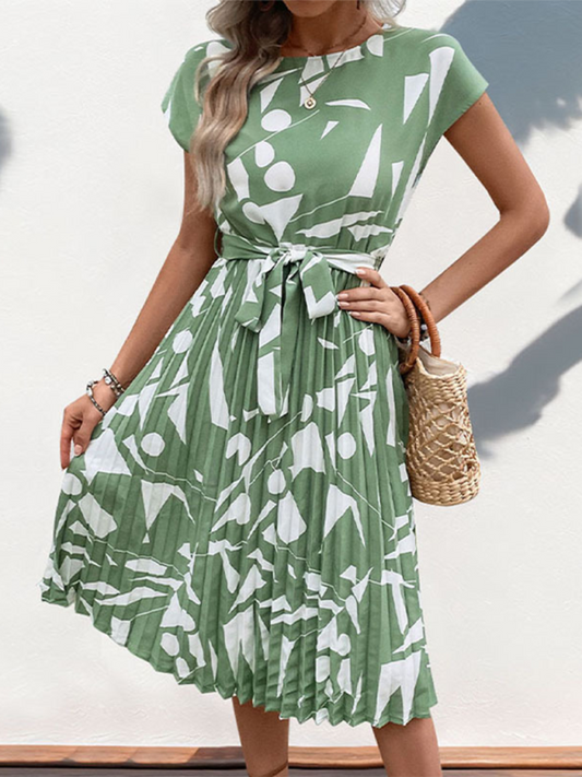 Helena's Geometric Pattern Pleated Short Sleeve Midi Dress-TOPS / DRESSES-[Adult]-[Female]-Mint Green-S-2022 Online Blue Zone Planet