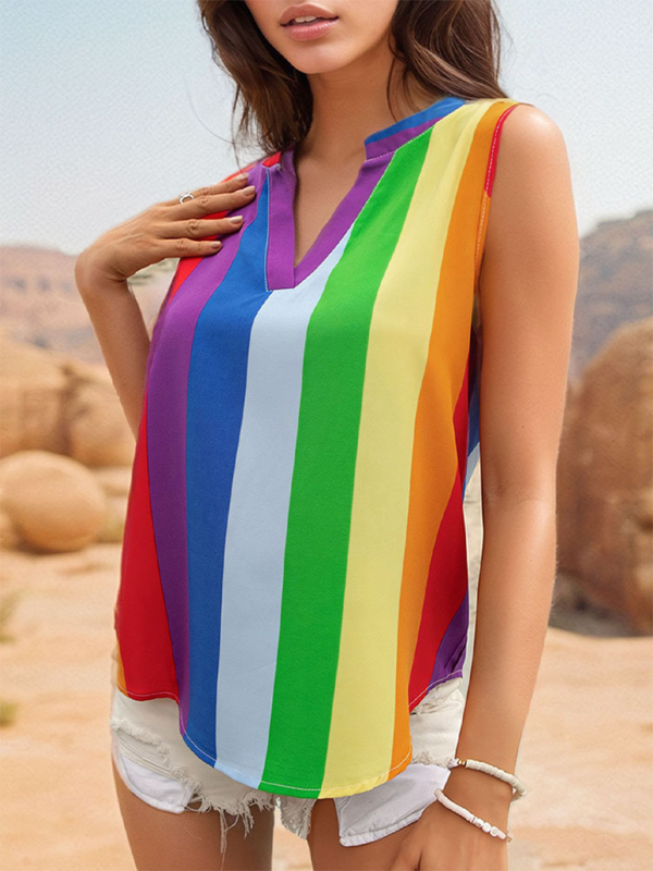 Women's sleeveless basic shirt tops colorful striped V-neck shirt-[Adult]-[Female]-Purple-S-2022 Online Blue Zone Planet