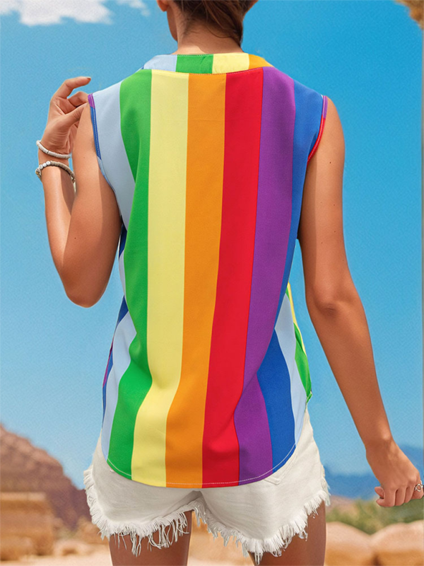 Women's sleeveless basic shirt tops colorful striped V-neck shirt-[Adult]-[Female]-2022 Online Blue Zone Planet