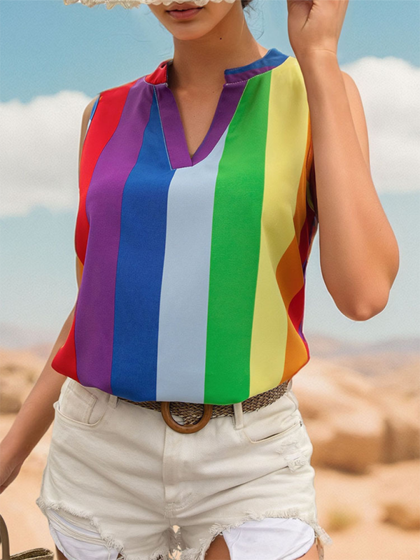 Women's sleeveless basic shirt tops colorful striped V-neck shirt-[Adult]-[Female]-2022 Online Blue Zone Planet