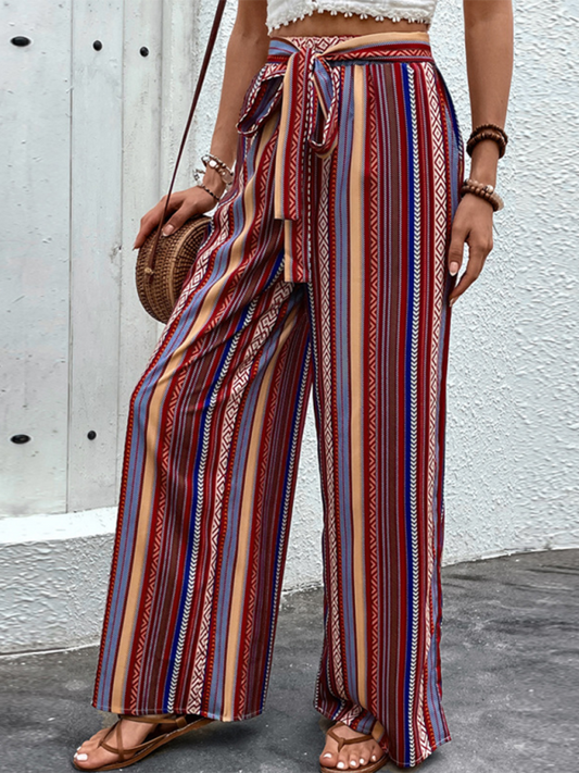 Kiera's Bohemian Loose Striped High Waist Elastic Wide Leg Pants-BOTTOMS SIZES SMALL MEDIUM LARGE-[Adult]-[Female]-Wine Red-S-2022 Online Blue Zone Planet