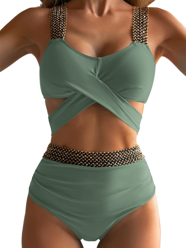 Women's bikini two-piece tight swimsuit cross backless bikini-[Adult]-[Female]-Green-S-2022 Online Blue Zone Planet