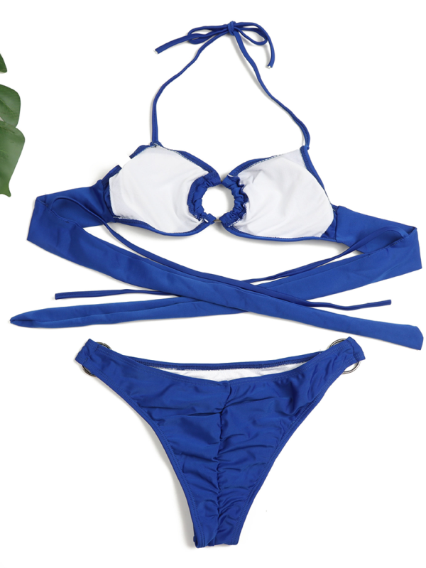 Women's Ring Two-Piece Swimsuit Solid Color Gathered Bikini-[Adult]-[Female]-2022 Online Blue Zone Planet