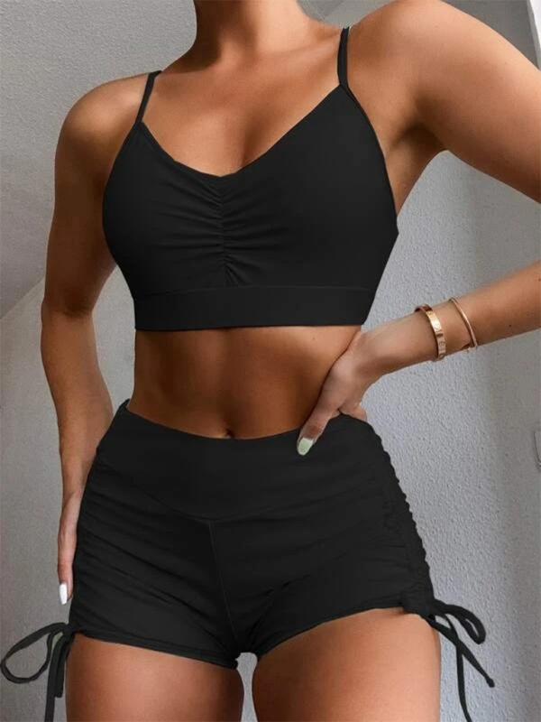 Solid color bikini small chest gathered high waist cover belly split swimsuit-[Adult]-[Female]-Black-S-2022 Online Blue Zone Planet