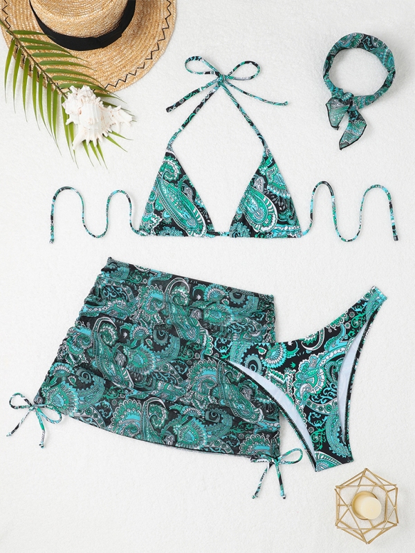 Cashew flower print lace-up swimsuit bikini two-piece swimsuit four-piece set-[Adult]-[Female]-2022 Online Blue Zone Planet