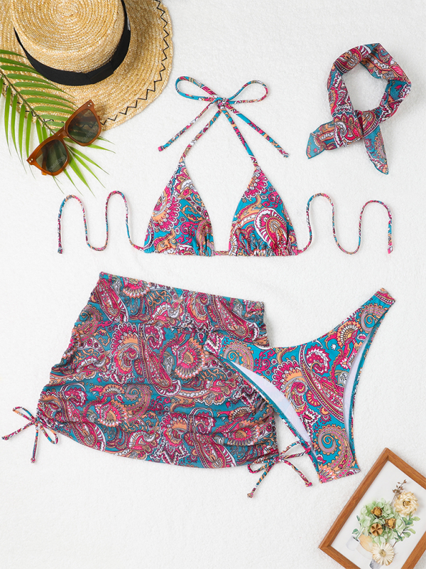 Cashew flower print lace-up swimsuit bikini two-piece swimsuit four-piece set-[Adult]-[Female]-2022 Online Blue Zone Planet