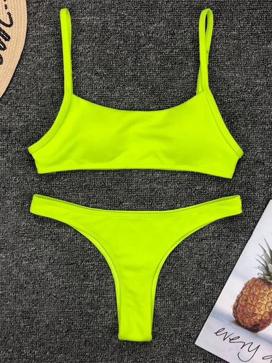 Solid color two-piece swimsuit fluorescent solid color bikini-TOPS / DRESSES-[Adult]-[Female]-GreenYellow-S-2022 Online Blue Zone Planet