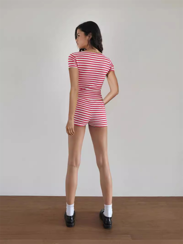 Striped Slim Fit Short Sleeve Shorts Suit-[Adult]-[Female]-2022 Online Blue Zone Planet