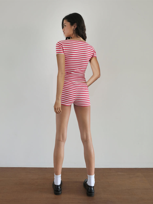 Striped Slim Fit Short Sleeve Shorts Suit-[Adult]-[Female]-2022 Online Blue Zone Planet