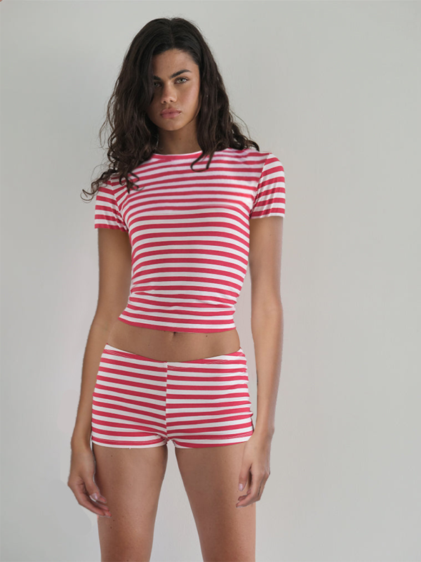 Striped Slim Fit Short Sleeve Shorts Suit-[Adult]-[Female]-Red-S-2022 Online Blue Zone Planet