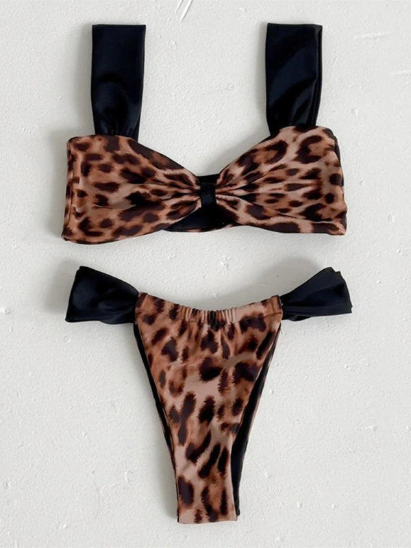 Leopard print bikini push-up split color-blocked tube top triangle swimsuit-TOPS / DRESSES-[Adult]-[Female]-2022 Online Blue Zone Planet
