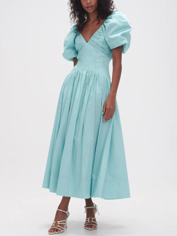 Blue Zone Planet | French elegant style V-neck puff sleeve long dress with pleated waist-TOPS / DRESSES-[Adult]-[Female]-Blue-S-2022 Online Blue Zone Planet