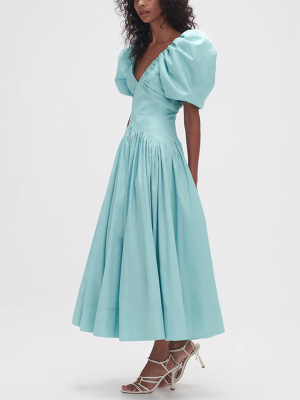 Blue Zone Planet | French elegant style V-neck puff sleeve long dress with pleated waist-TOPS / DRESSES-[Adult]-[Female]-2022 Online Blue Zone Planet