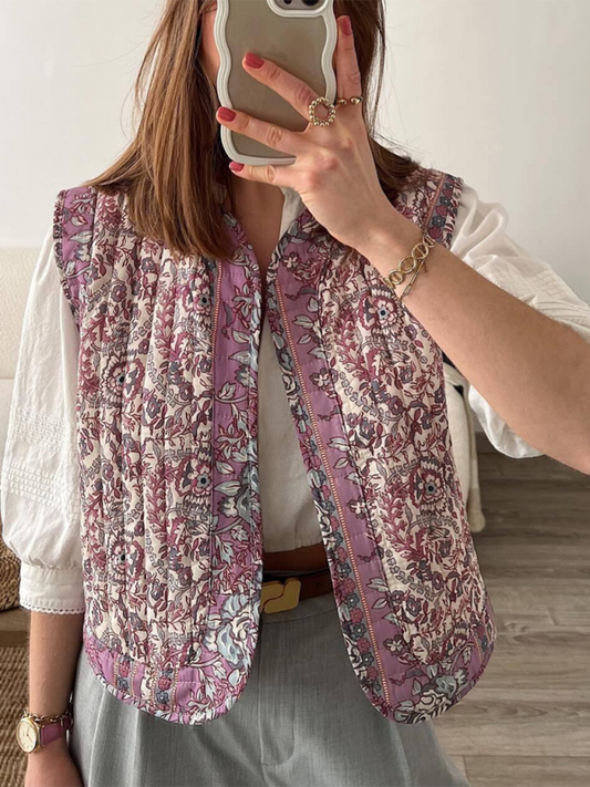 Printed Quilted Cotton Vest Women's Cotton Vest Jacket Jacket Top-[Adult]-[Female]-Pinkpurple-S-2022 Online Blue Zone Planet