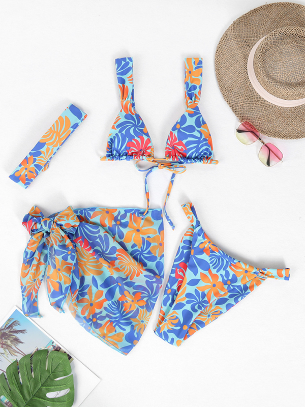 New two-piece swimsuit four-piece backless printed bikini-[Adult]-[Female]-Blue-S-2022 Online Blue Zone Planet