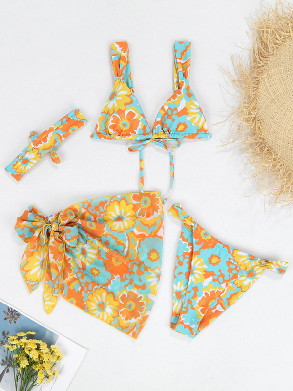 New two-piece swimsuit four-piece backless printed bikini-[Adult]-[Female]-2022 Online Blue Zone Planet