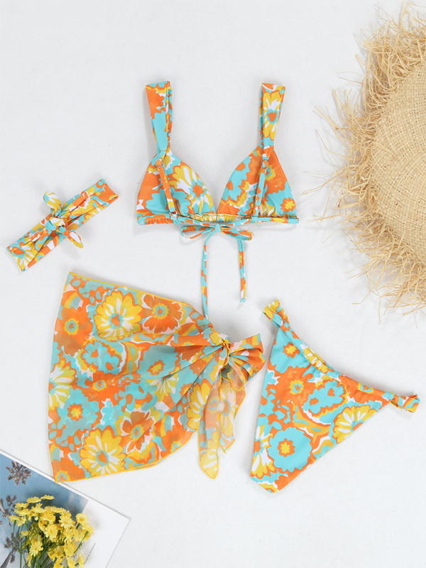 New two-piece swimsuit four-piece backless printed bikini-[Adult]-[Female]-2022 Online Blue Zone Planet