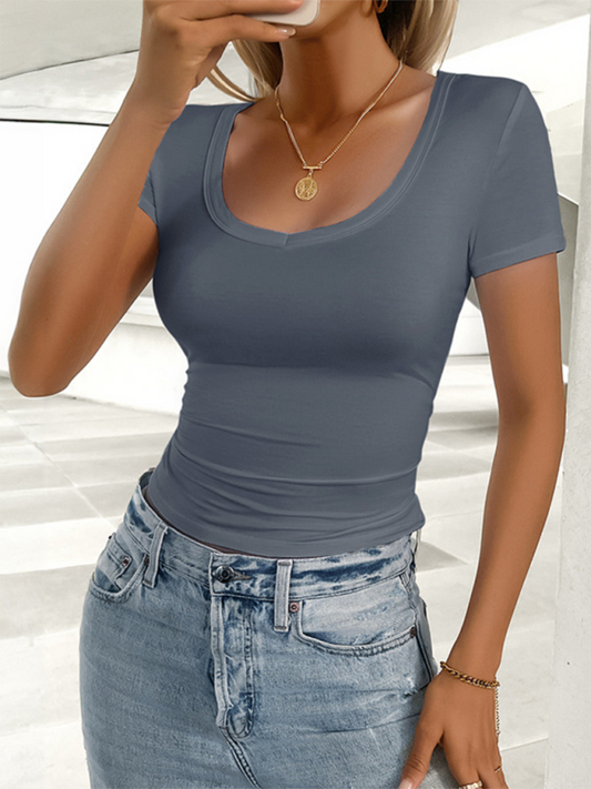 Women's casual U-neck slim fit solid color T-shirt-[Adult]-[Female]-Charcoal grey-S-2022 Online Blue Zone Planet