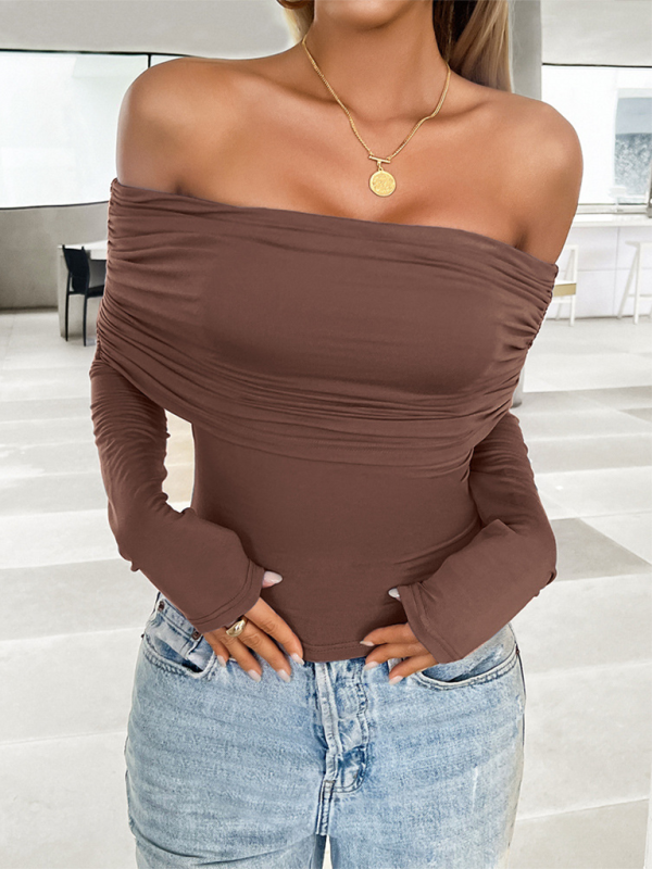 Women's casual solid color pullover one shoulder top-[Adult]-[Female]-2022 Online Blue Zone Planet