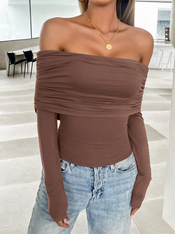 Women's casual solid color pullover one shoulder top-[Adult]-[Female]-Brown-S-2022 Online Blue Zone Planet