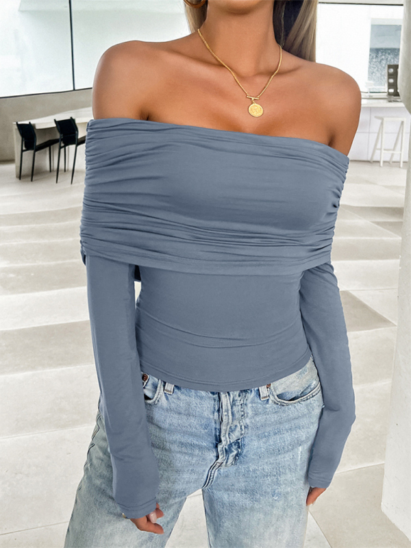 Women's casual solid color pullover one shoulder top-[Adult]-[Female]-2022 Online Blue Zone Planet