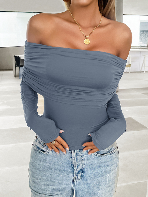 Women's casual solid color pullover one shoulder top-[Adult]-[Female]-2022 Online Blue Zone Planet