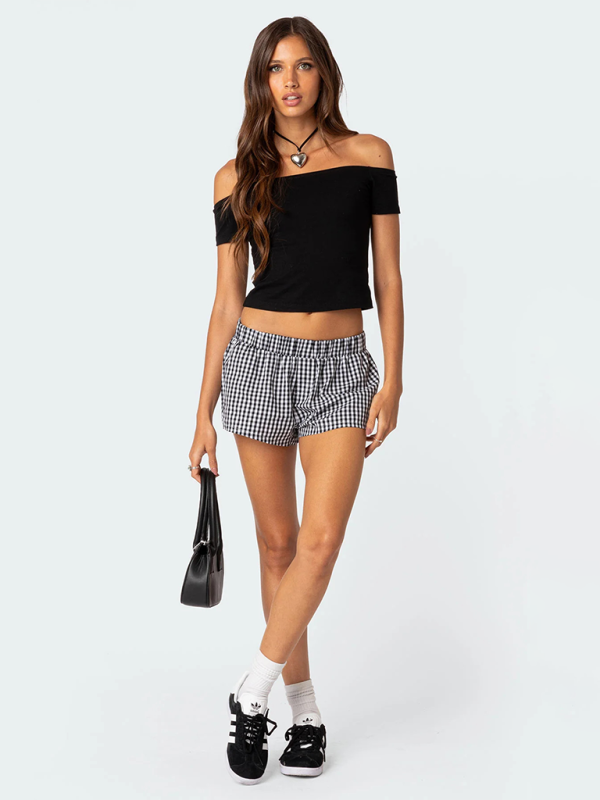 New spring and summer casual women's shorts plaid beach pants loose home wear-[Adult]-[Female]-2022 Online Blue Zone Planet