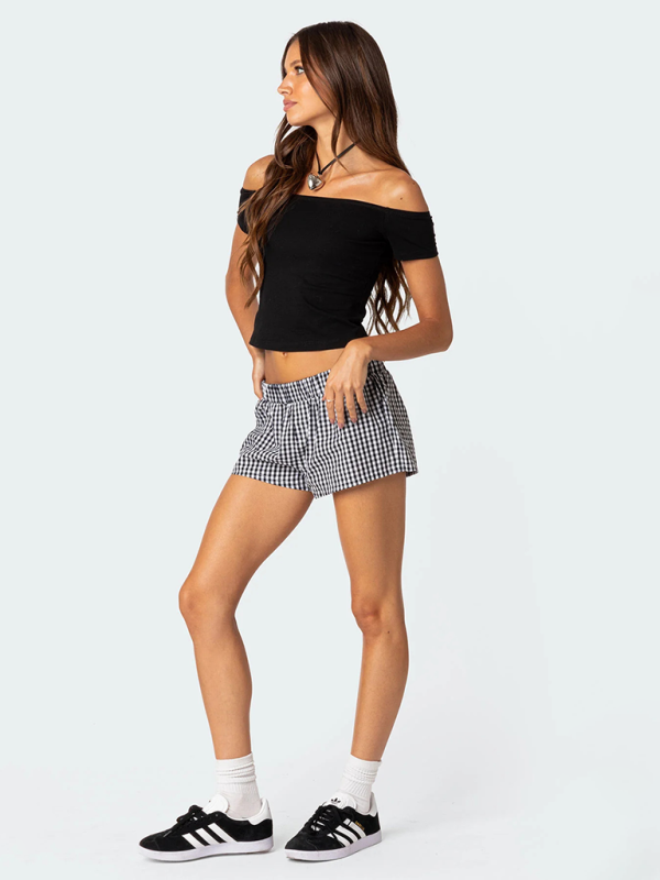 New spring and summer casual women's shorts plaid beach pants loose home wear-[Adult]-[Female]-2022 Online Blue Zone Planet