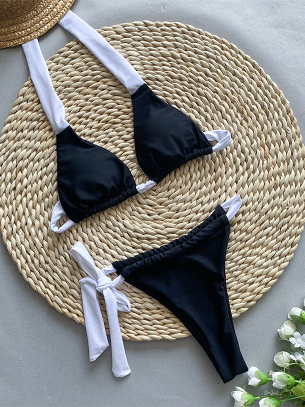 New halter neck color matching bikini black and white strap triangle cup women's split swimsuit-[Adult]-[Female]-2022 Online Blue Zone Planet