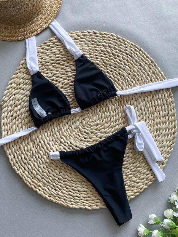 New halter neck color matching bikini black and white strap triangle cup women's split swimsuit-[Adult]-[Female]-2022 Online Blue Zone Planet