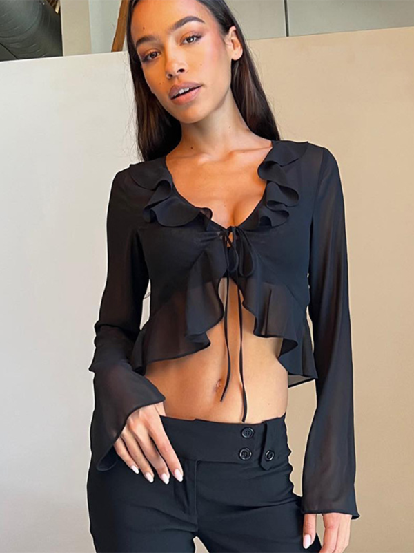 New style ruffled lace-up deep V-neck long-sleeved transparent top-[Adult]-[Female]-Black-S-2022 Online Blue Zone Planet