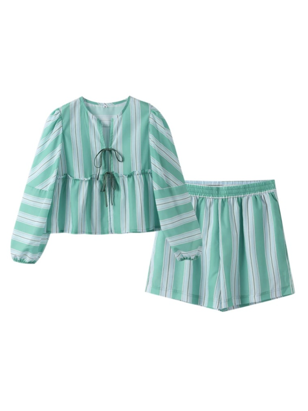 Blue Zone Planet | New Striped Lace-up Lantern Sleeve Shorts Set-TOPS / DRESSES-[Adult]-[Female]-2022 Online Blue Zone Planet