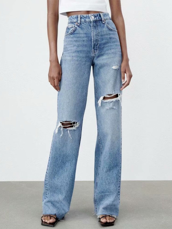 New high waist versatile ripped blue wide leg jeans-[Adult]-[Female]-Blue-XS-2022 Online Blue Zone Planet