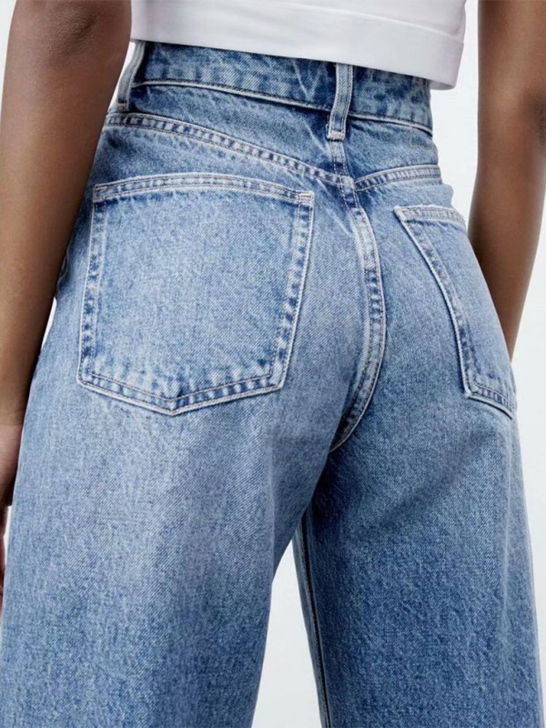 New high waist versatile ripped blue wide leg jeans-[Adult]-[Female]-2022 Online Blue Zone Planet