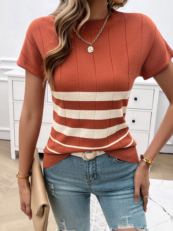 Blue Zone Planet | Women's Spring and Summer Temperament Slim Striped Sweater-[Adult]-[Female]-Orange Red-S-2022 Online Blue Zone Planet
