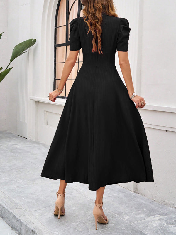 solid color midi dresses Loragal Round Neck Puff Short Sleeve Solid Color A-Line Gowns Midi Dresses-Apricot Apricot-S